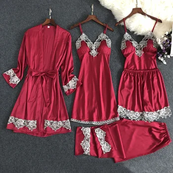 

Lace Satin 5PCS Sleepwear Nightgown Sexy Female Kimono Bathrobe Gown Nightwear Silky Intimate Lingerie Sleep Set Nightdress