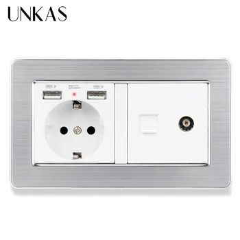 

UNKAS Stainless Steel Panel EU Standard Wall Socket 2 USB Charge Port Hidden Soft LED + RJ11 Telephone and Female TV Connector