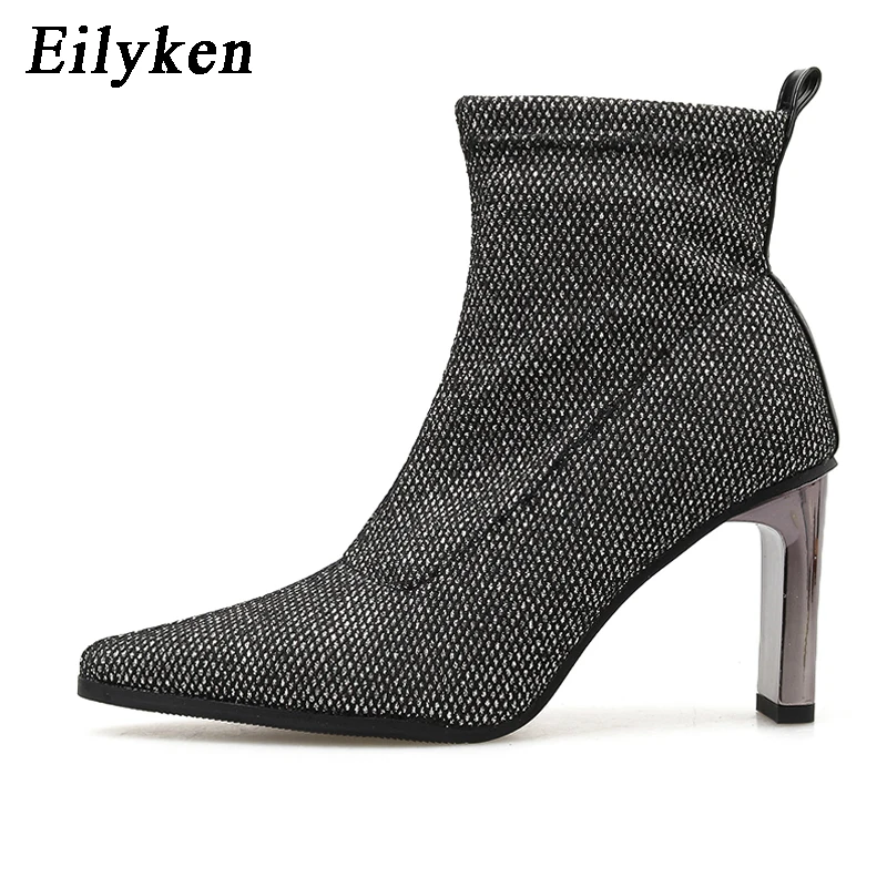 Gray EilyKen/женские короткие плюшевые ботильоны серого цвета; модная обувь на квадратном металлическом каблуке; Новинка года; блестящие ботинки с острым носком - Цвет: Gray