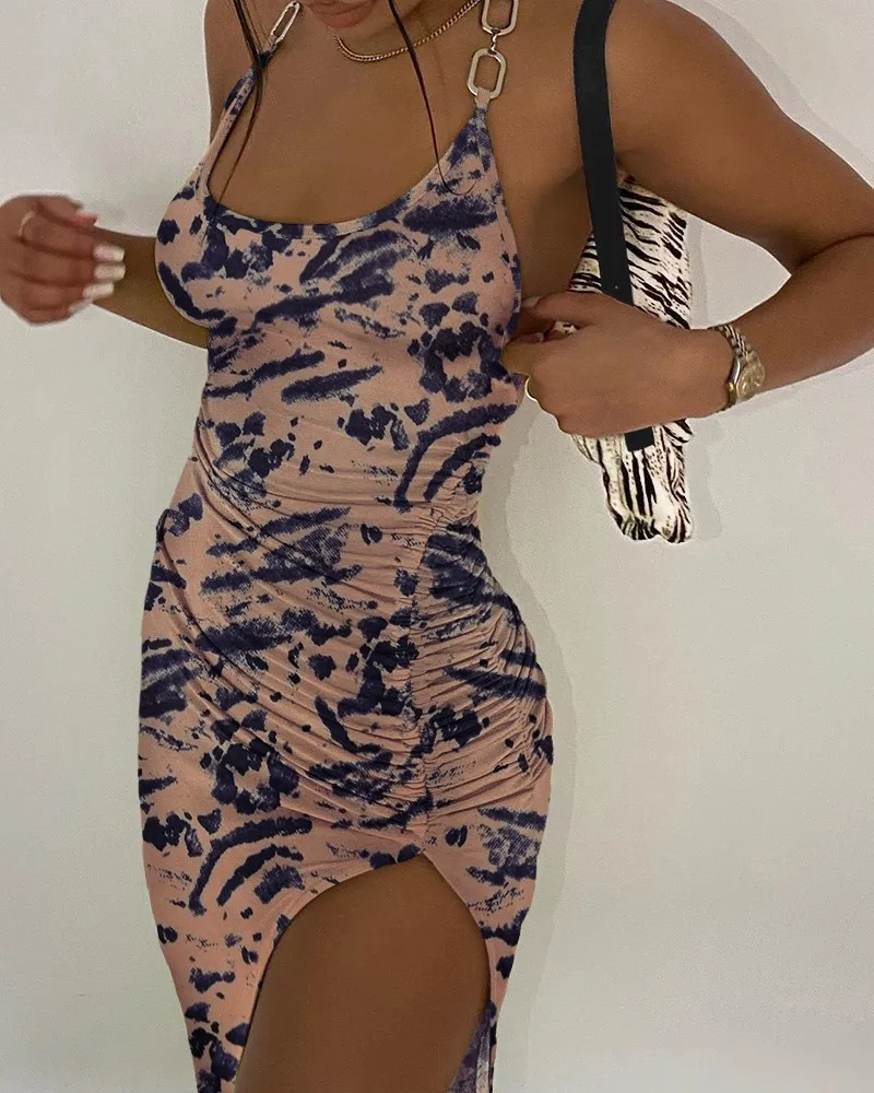 print halter chain strap ruched dress