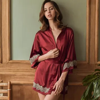 

pajamas for women pijama mujer Lingerie Underwear Sleepwear Lace Embroidered Robe Sexy Satin Silk pyjama femme пижама женская