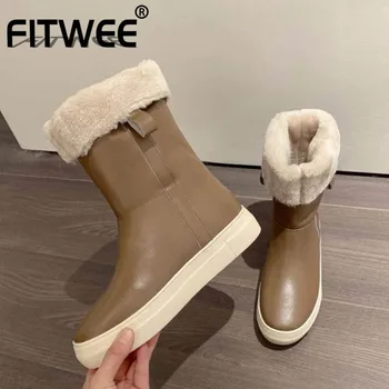 

FITWEE New Women Snow Boots Real Leather Warm Plush Fur Winter Shoes Woman Mid Calf Boots Fashion Short Boot Women Size 34-40