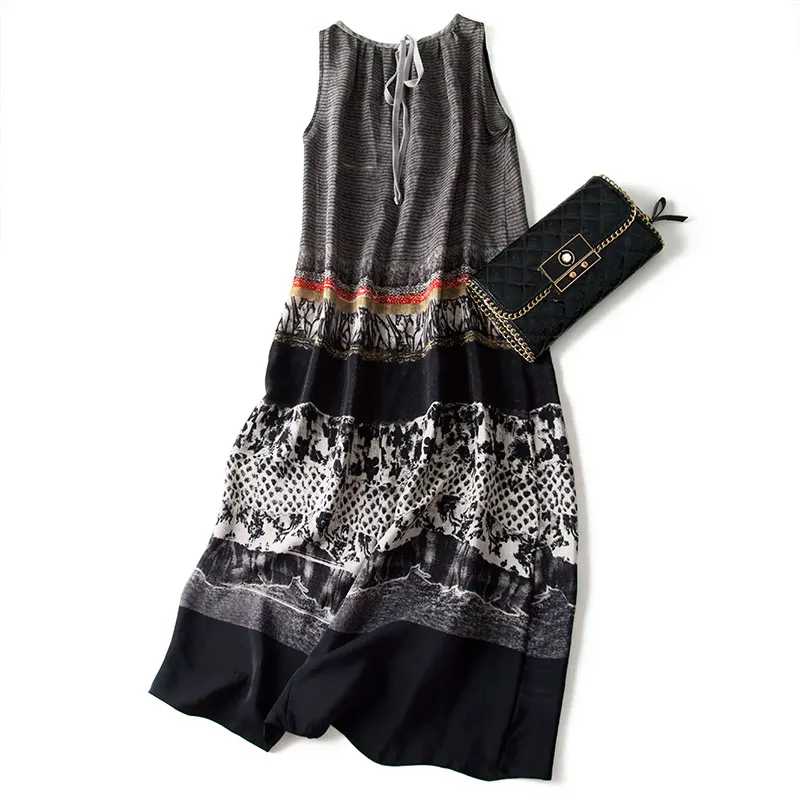Оригинальное Черно-серое платье без рукавов sufeng с большим карманом, шелковое платье