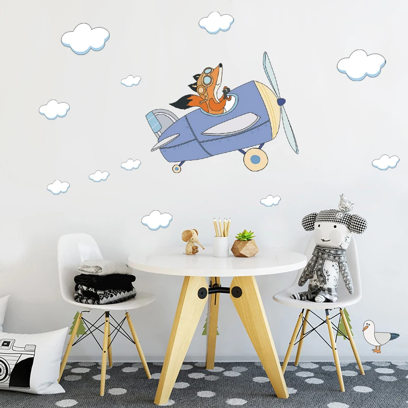 

Cartoon Animals Fox Flying Stickers Blue Airplane Wall Sticker Combat Aircraft Glider Decal Nurser Baby Room Art Home Decor Diy