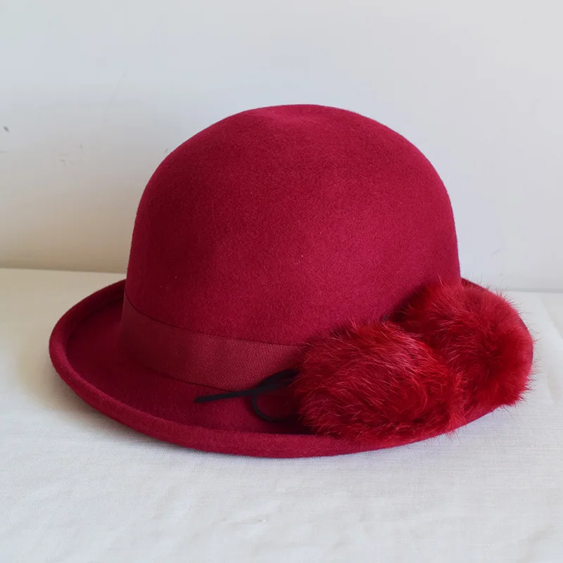 Мех мяч котелок из шерсти шапки для женщин Chapeu Fedoras топ шапки женские PWSV002