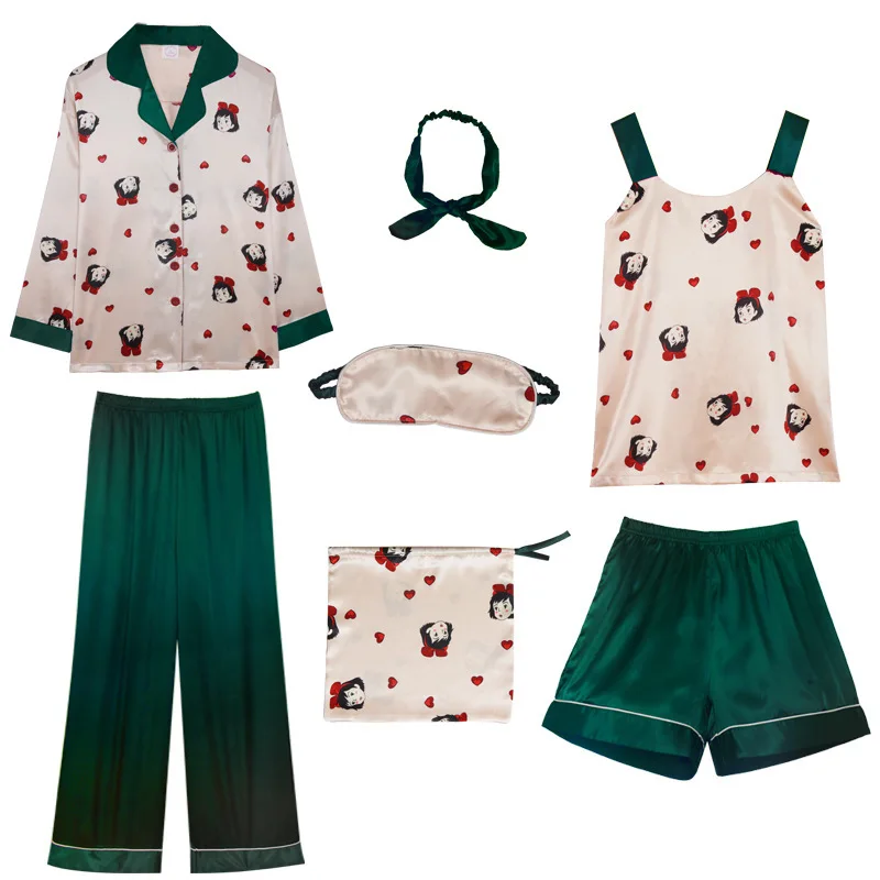 

SP&CITY 7 PCS Silk Texture Cartoon Girls Avatar Women Pajamas Set Female Home Set Soft Nightwear Comfortable Top Sweet Headband