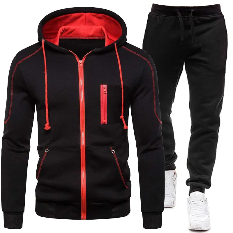 2 Pieces Sets Tracksuit Men High Quality Jacket Casual Zipper Jackets Sporting Fitness Hooded Outerwear Sportswear