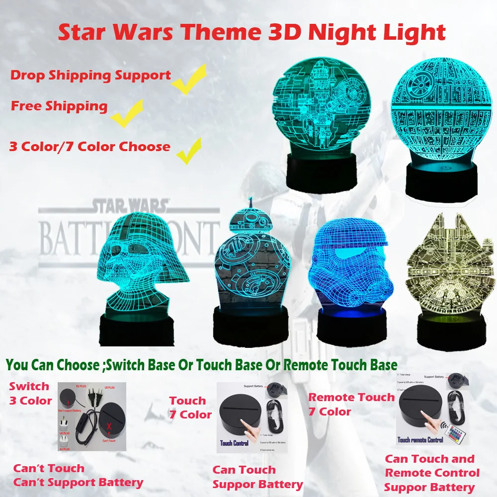 Bombilla LED de dibujos animados para bebés, lámpara Luminaria Visual 3D, muerte, Star Wars, R2D2, BB-8, Darth Vader Knight, mesa, luz nocturna, regalo para chico