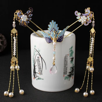 

Antiquity Hair accessories Hairpins Kanzashi Glass Petals Hair Clip Classical Long tassels Step shake Handmade headdress Cosplay