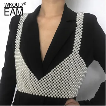 

WKOUD EAM 2020 New Fashion Imitation Pearl Vest Body Chain Women Solid Slim Strap Short Simulated-pearl Vest Female Trendy A25