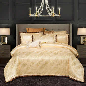 

Luxury Jacquard Bedding set Queen King Size Bed Linen Quilt Cover 100% cotton fitted bed sheet golden Duvet Cover Set 4pcs