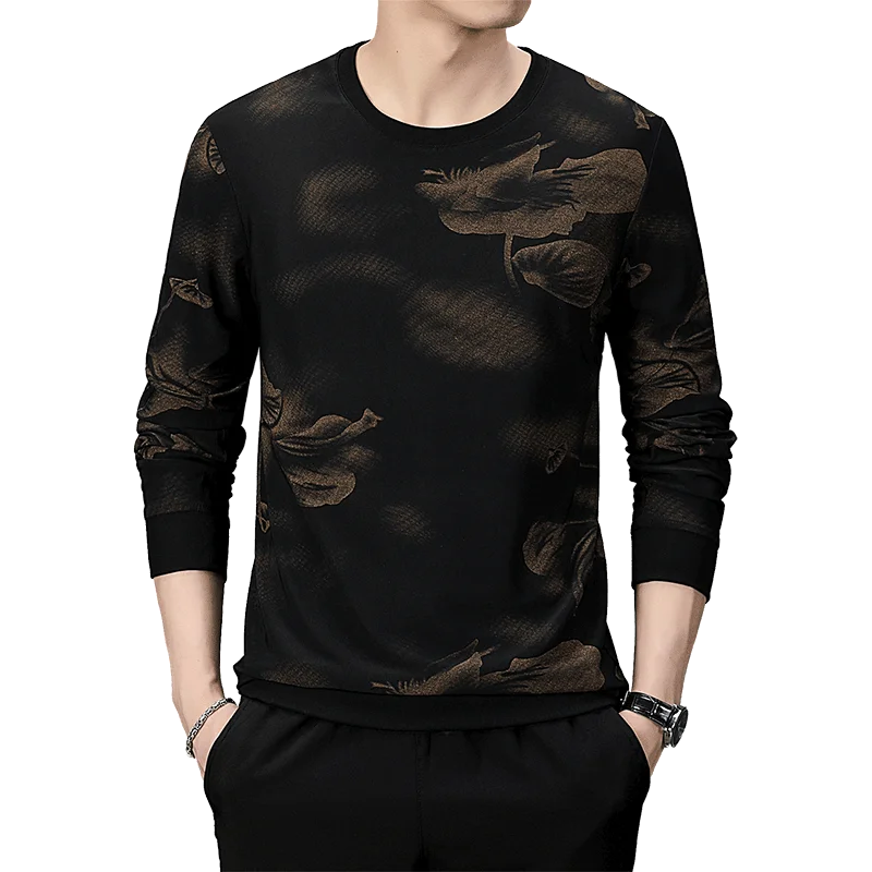 

Autumn Man Sweatshirt Yellow Blue Chinese Flower Full Print Tops Male Casual O-neck Long Sleeve Slim Fit Sweatshirts Plus Size