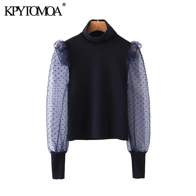

Vintage Sexy Patchwork Knitted Ruffles Blouses Women 2020 Fashion High Neck Transparent Sleeves Stretchy Female Shits Chic Tops