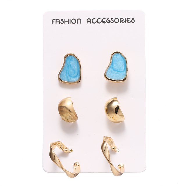 Jewelry 3 Sets Earrings Green Blue Pink Enamel Small stud Earrings Golden Jewelry For Women Student Gifts