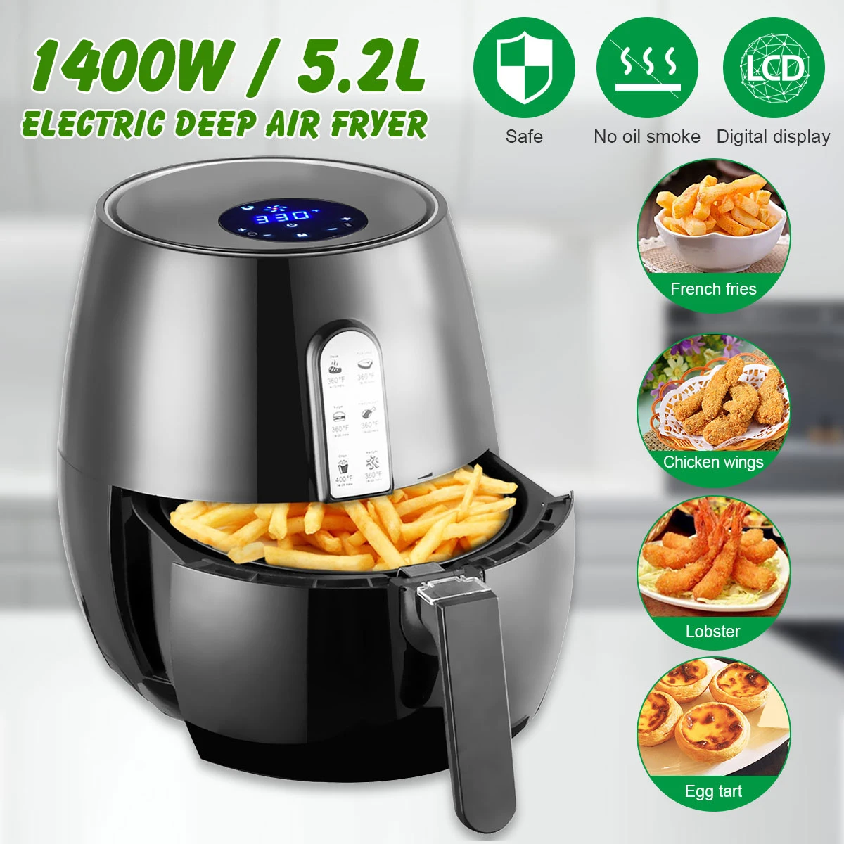 1400W 5.2L Power Air Fryer Digital LED Touch Screen Timer Temperature Control Electric Deep Fryer A