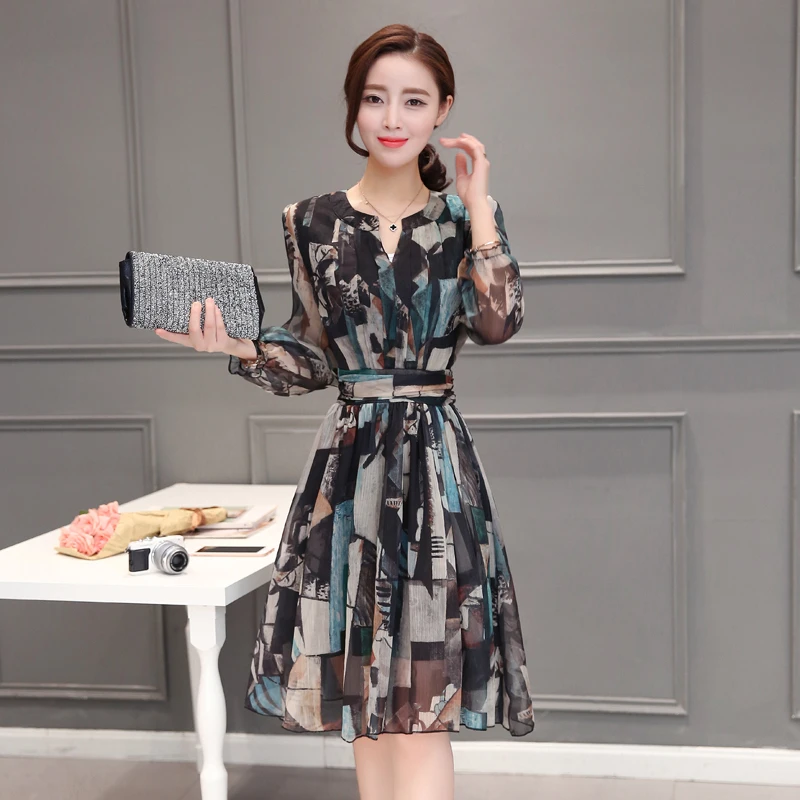 

Printing Sleeve Vintage Long Floral Summer 2020 Chiffon Female Women Dress Casual V-neck Thin Party Dresses FYY496