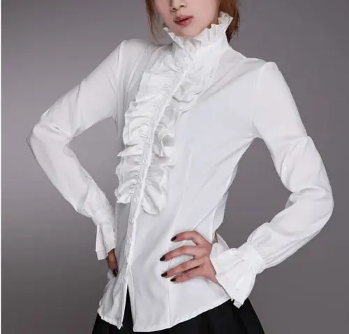 Модные блузы в викторианском стиле для женщин OL Офисная Женская белая рубашка с высокой горловиной и оборками на манжетах женская блузка