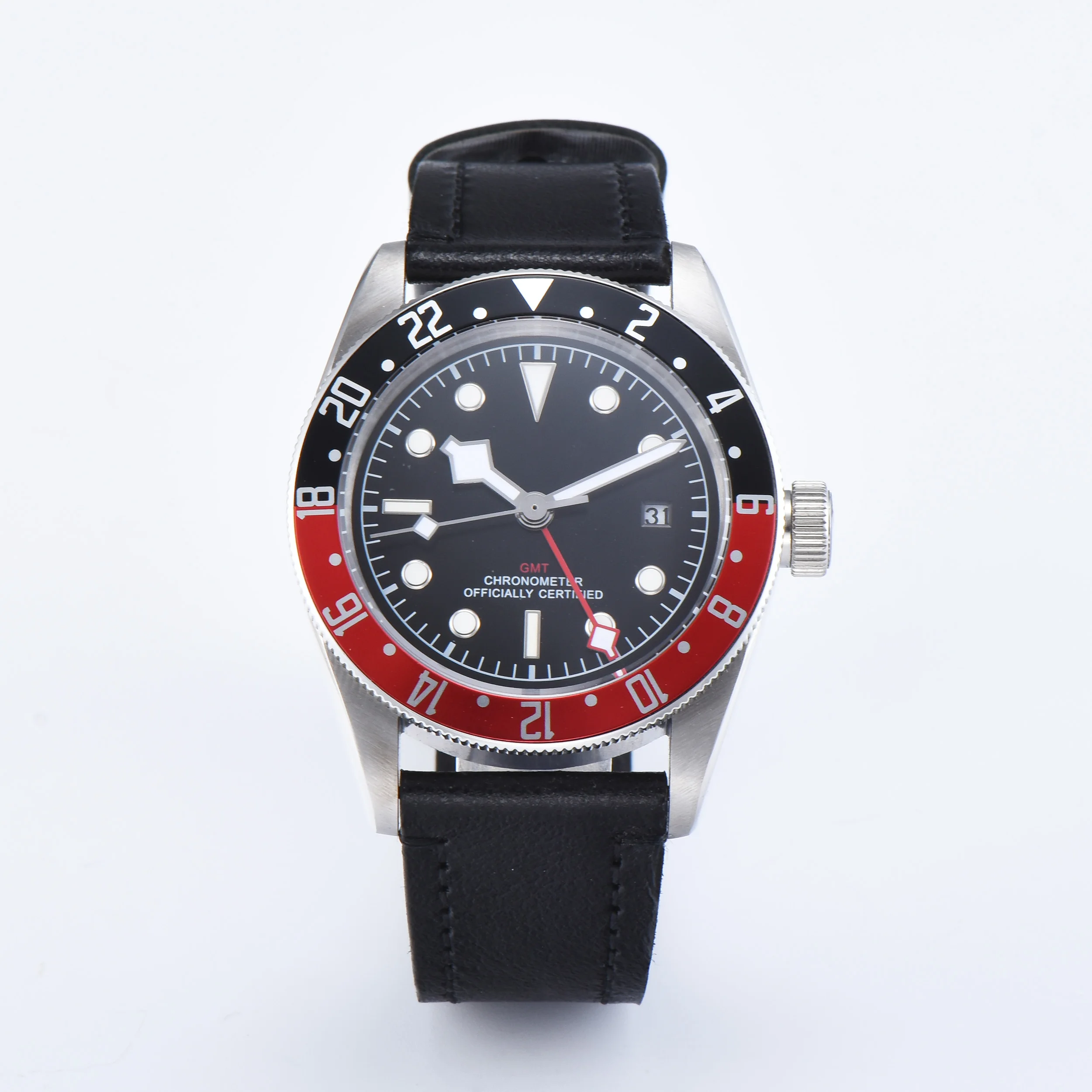 

Corgeut 41mm Sterile GMT watch Black Dial Bay black&red bezel date window Genuine leather Automatic Men Watch