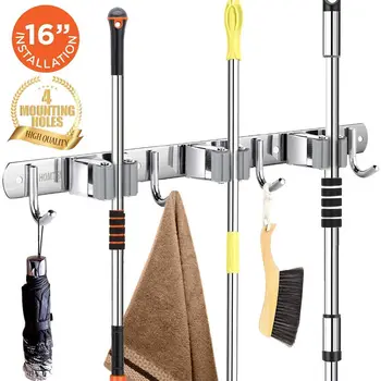 

Mop Holder Wall Mount Installation Broom Mop Hanger Organizer Stainless Steel 3 Racks 4 Hooks for Bathroom Kitchen Office Closet