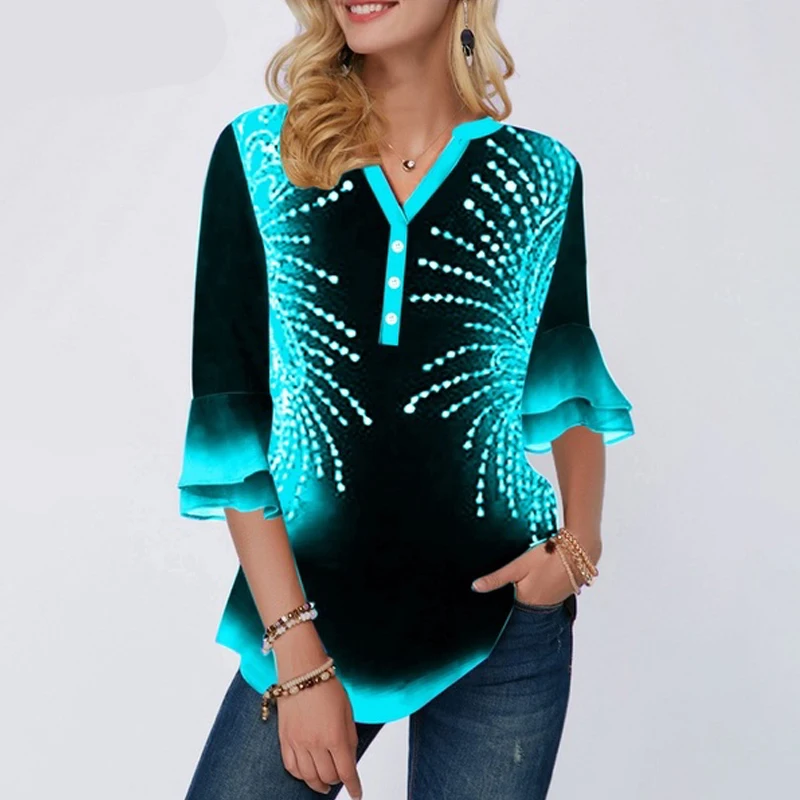 Plus-size-5xl-Latest-Model-Single-breasted-Print-Position-Blue-V-neck-Flared-Sleeve-Tops-Female (2)