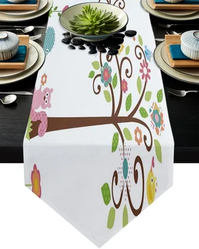 

Cute Cartoon Owl Squirrel Table Runner Home Kitchen Decorative Table Runner for Wedding Party Cake Floral Tablecloth