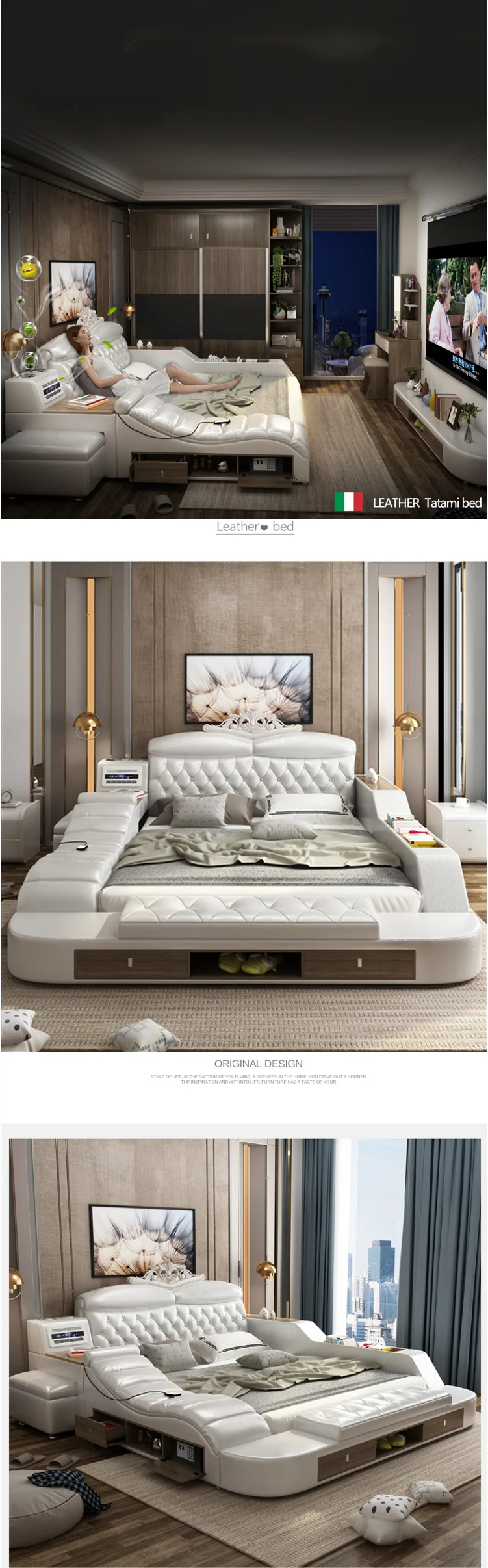 Geunine кожаная кровать мебель из цельного дерева Многофункциональный спальный комплект