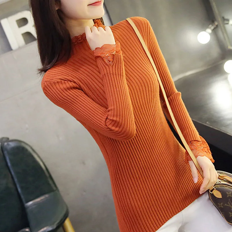 

CMKnitted sweater bottoming slim Autumn Women Casual Cotton Half-high Collar Lace Long Sleeve Slim Wild Solid Color SweaterShirt