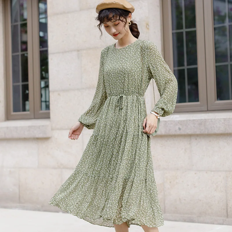 

2020 WOMEN'S Dress Spring New Style Floral Pattern Lace-up Elastic Waist Slim Fit Long Sleeve Chiffon Skirt Women's Full Body Dr