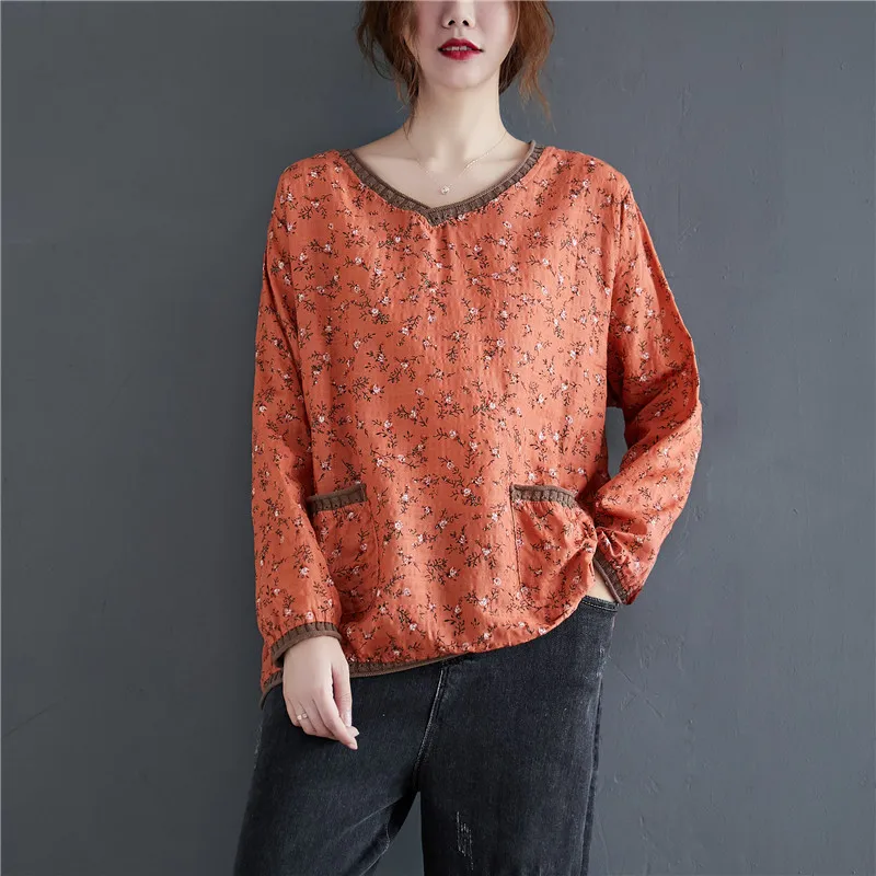 DIMANAF Plus Size Women T-Shirt Vintage Female Long Sleeve Tops Tee Tunic Floral Print Cotton Loose Autumn tshirt Women Clothing