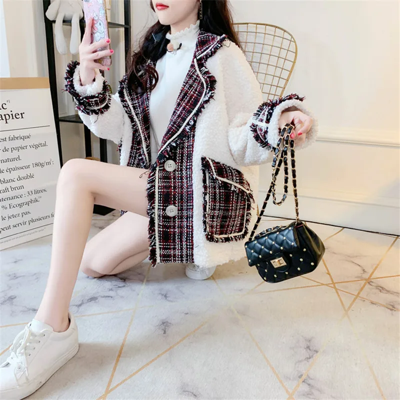 SWEETXUE New Autumn Winter Plaid Stitching Lamb Hair Loose Casual Jacket Fashion Vintage Women Clothing Lambswool Outwear