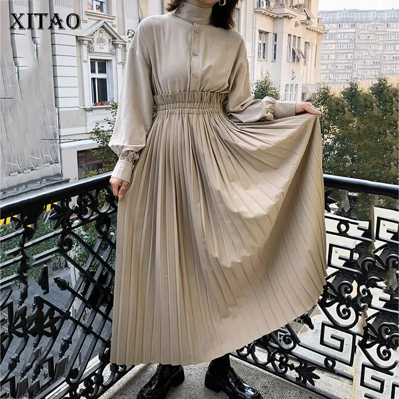 

XITAO Elegant Pleated Dress High Waist Patchwork High Waist Patchwork Two Piece Set 2019 Winter Small Fresh Loose Dress DMY2075