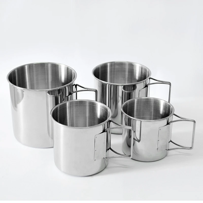 ABZB-4Pcs Outdoor Portable Stainless Steel Cups Set Tableware Pot Water Cup Beer Cup with Foldable Handles for Camping Picnic Hi