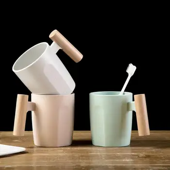 

Creative Wooden Handle Brushing Cup Plastic Couple Mouth Cup Simple Toothbrush Cup Bathroom Accessories