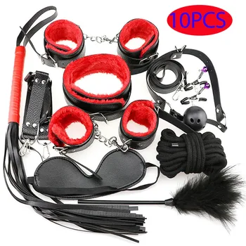 10PCS sex Toys tools Kit BDSM bandage restraints Belt Sets sex game for couples Fetish SM slave Gags handCuffs flogger whips 1