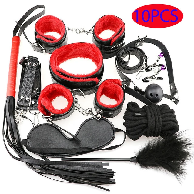 BDSM Sex Toys, Seductive Toys, Bondage Restraints Kit, 10 Piece-set,  Black/red 