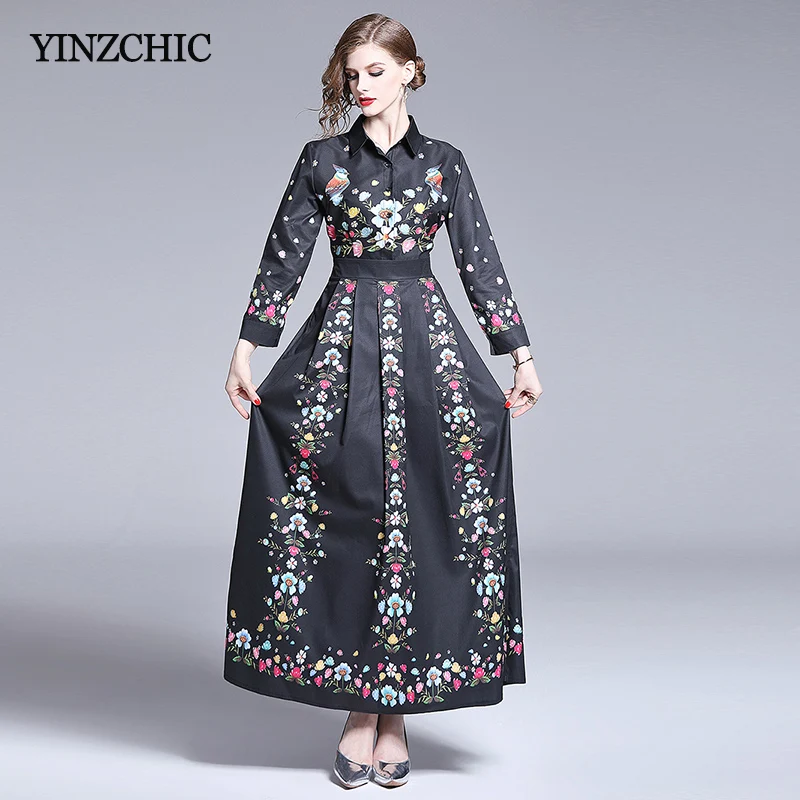 

Floral Printed Woman Maxi Dress New Autumn Female Ladies Elegant Party Dresses Turn-down Collar OL Long Dresses Slim