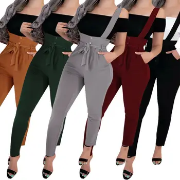 

Womens Solid Dungarees Overalls Straps High Waist Bib Trousers