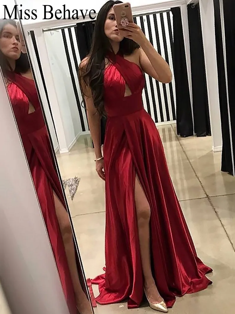 

DD JYOY Red Evening Dress Party Long Formal Dresses Evening Gown Halter with Long Train A Line Front Split Elegant Gowns