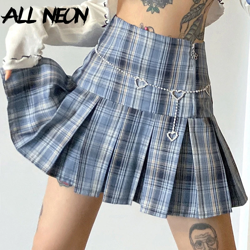 

ALLNeon E-girl Vintage High Waist Zipper Front Pleated Skirts Y2K Fashion Patchwork Plaid Mini Skirt Harakuju 90s Streetwear