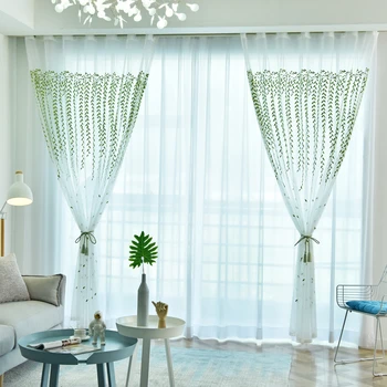 

Green Willow Embroidered Tulle Curtains for Living Room Transparent Net Fabric Window Drapes for Kitchen Home Decoration wp438C