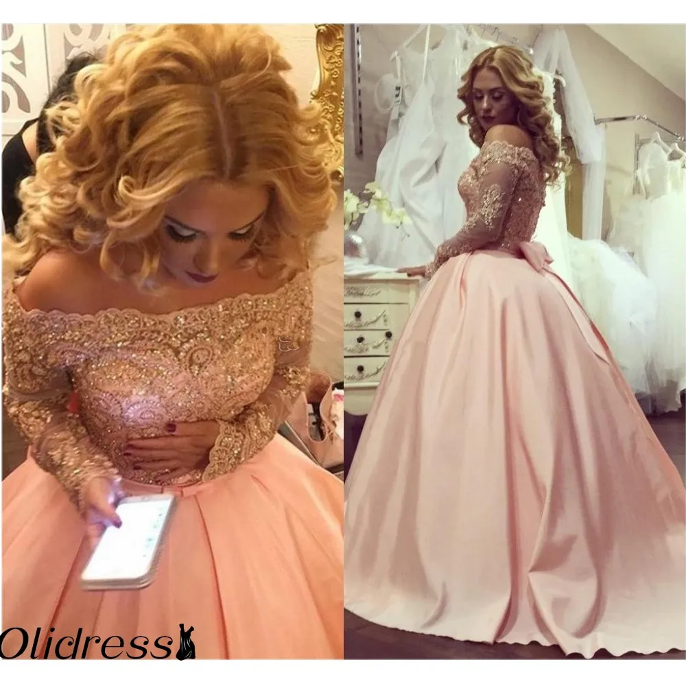 Plus-Size-Ball-Gown-Prom-Dresses-2019-Long-Sleeves-Crystal-Appliques-Satin-Blush-Pink-Sparkly-Evening_conew2