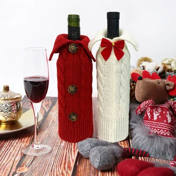

Santa Claus Knitted Hat Xmas Home Dinner Party Decor Red Wine Bottle Bag