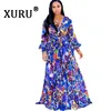XURU vestido de chifón estampado playa vestido de talla grande S-5XL de manga larga de mujer cuello en V casual vestido suelto ► Foto 3/6