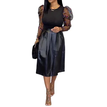 

Two Piece Skirt Set Mesh Long Sleeve Top And Pu Lether Midi Skirt Causal Black Office Lady Work Wear 2 Piece Outfits For Women