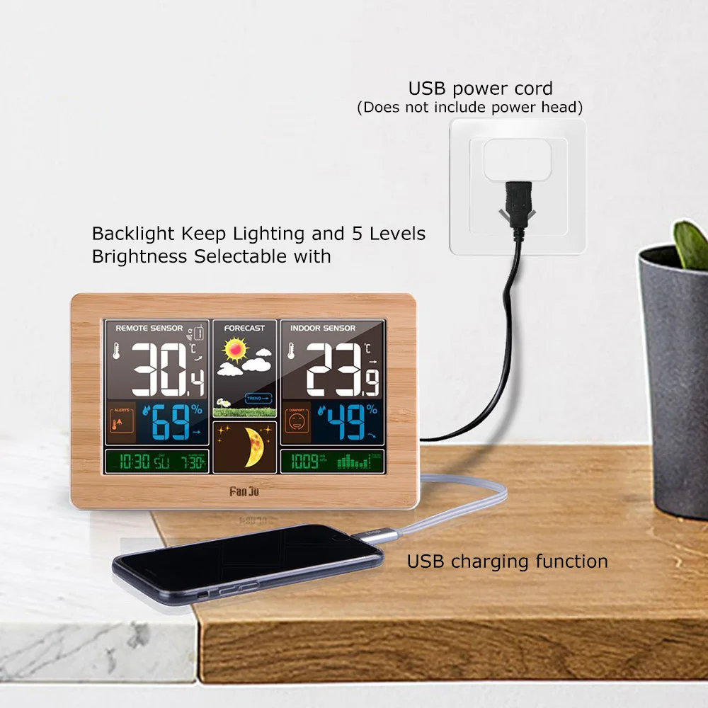 FanJu FJ3378 Digital Alarm Clock Wall Weather Station Indoor Outdoor Temperature Humidity Barometric Forecast Electronic Wat 3