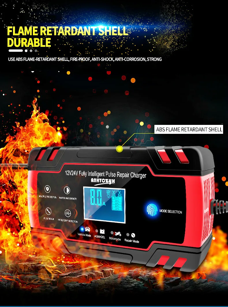 EAFC Car Battery Charger 12/24V 8A Touch Screen Pulse Repair LCD Fast Power Charging Wet Dry Lead Acid Digital LCD Display