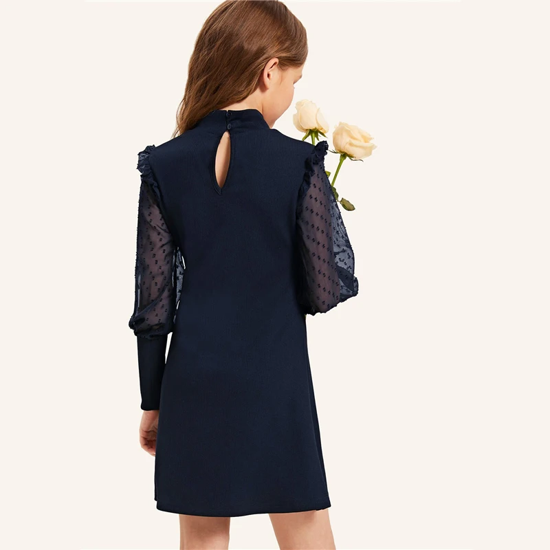 SHEIN/элегантное детское платье для девочек со стоячим воротником и замочной скважиной на спине; коллекция года; летние вечерние платья с рукавами из бараньей кожи с оборками