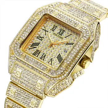 

Men Luxury Gold Watch 45mm Diamond Full Iced Out Strap Watches Santo Stainless Steel Quartz Movement Male Wristwatches