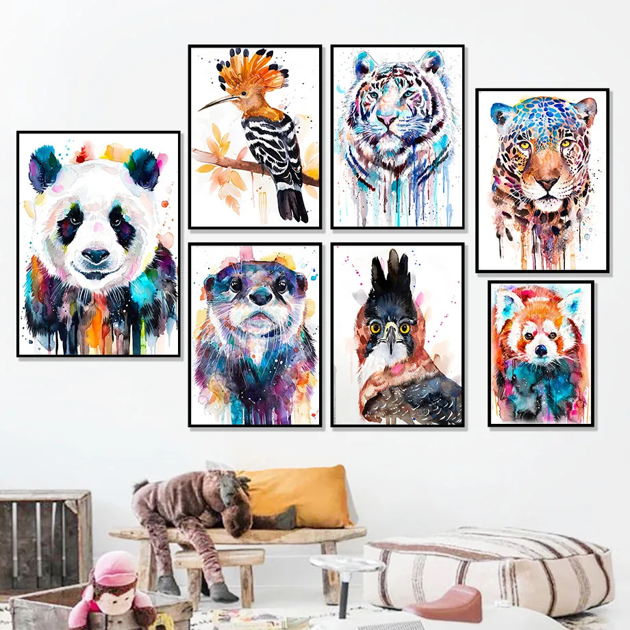 Colorful Lion Tiger Fox Parrot Panda Kids Wall Art Canvas Painting Nordic Posters And Prints Wall Pictures For Living Room Decor