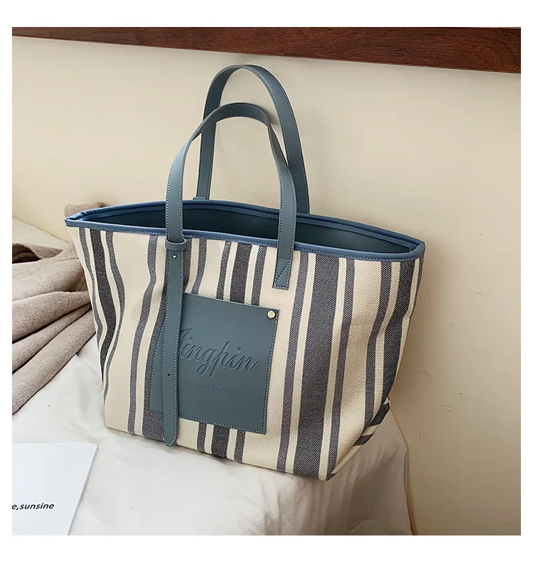 Black White Blue Stripe Handbag 2019 Extra Large Canvas Tote Bags for Women Canvas Bucket Shopper Shoulder Bag Ladies Office Bag (7)